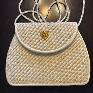 Vintage Bechamel Ivory Woven Satin Evening Bag With Heart Accent & Gold Trim